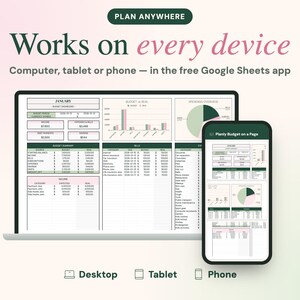 Puede incluir: Una plantilla de planificador de presupuesto digital mostrada en la pantalla de una computadora port&aacute;til y un tel&eacute;fono inteligente. El texto dice: PLAN ANYWHERE, Works on every device, Computer, tablet or phone &mdash; in the free Google Sheets app, Desktop, Tablet, Phone.