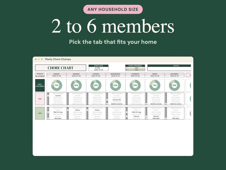 May include: A digital chore chart interface titled Planly Chore Champs on a dark green background. The text reads ANY HOUSEHOLD SIZE, 2 to 6 members, and Pick the tab that fits your home. The chart displays daily progress circles and tasks for individuals.