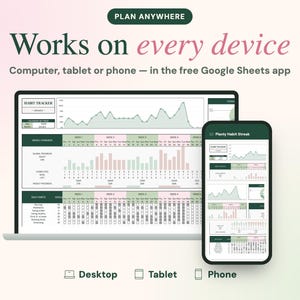 May include: A digital habit tracker template displayed on a laptop and a smartphone screen. The interface features charts, progress bars, and calendar grids in shades of green and pink, with text reading PLAN ANYWHERE, Works on every device, and Planly Habit Streak.