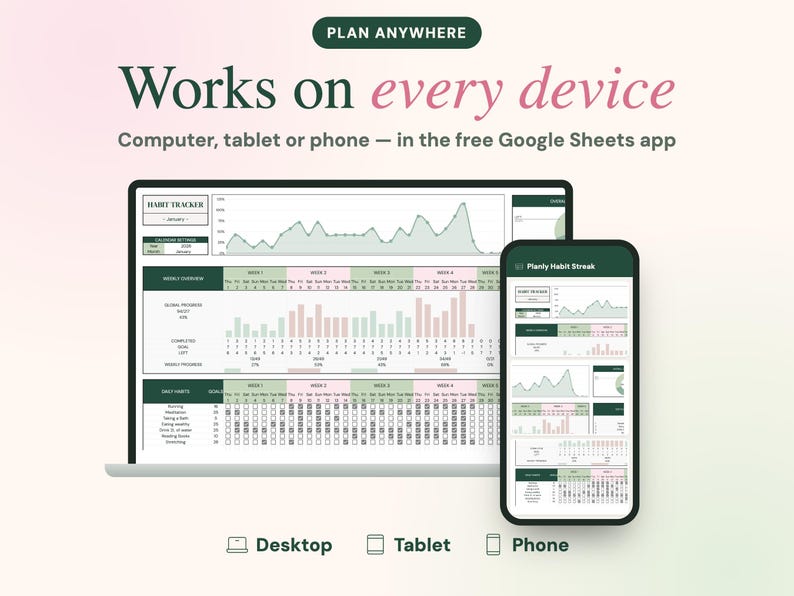 May include: A digital habit tracker template displayed on a laptop and a smartphone screen. The interface features charts, progress bars, and calendar grids in shades of green and pink, with text reading PLAN ANYWHERE, Works on every device, and Planly Habit Streak.