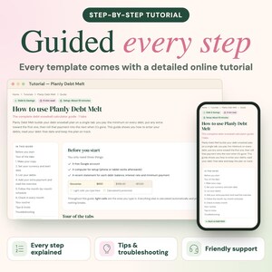 May include: A digital tutorial interface for Planly Debt Melt displayed on a laptop screen and a smartphone. The text reads Step-by-Step Tutorial, Guided every step, and How to use Planly Debt Melt, with icons for steps, tips, and support.