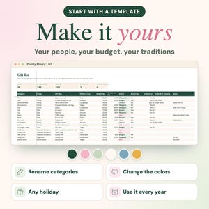 Puede incluir: Una plantilla de hoja de c&aacute;lculo digital para lista de regalos titulada Planly Merry List con columnas para destinatario, grupo, idea de regalo, presupuesto y estado. Debajo hay seis c&iacute;rculos de colores y cuatro botones etiquetados como Rename categories, Change the colors, Any holiday y Use it every year.