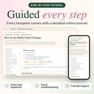 May include: A digital tutorial interface for Planly Chore Champs displayed on a laptop screen and a smartphone. The text reads Step-by-Step Tutorial, Guided every step, and How to use Planly Chore Champs, with icons for steps, tips, and support.