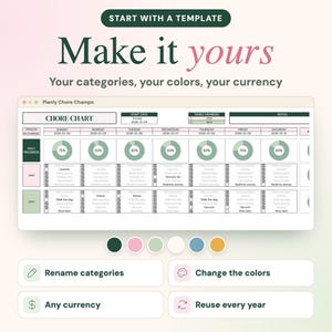 May include: A digital chore chart template titled Planly Chore Champs featuring a weekly schedule, daily progress percentage circles, and task lists for family members. The interface includes options to rename categories, change colors, select currency, and reuse the chart annually.