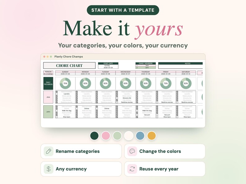 May include: A digital chore chart template titled Planly Chore Champs featuring a weekly schedule, daily progress percentage circles, and task lists for family members. The interface includes options to rename categories, change colors, select currency, and reuse the chart annually.