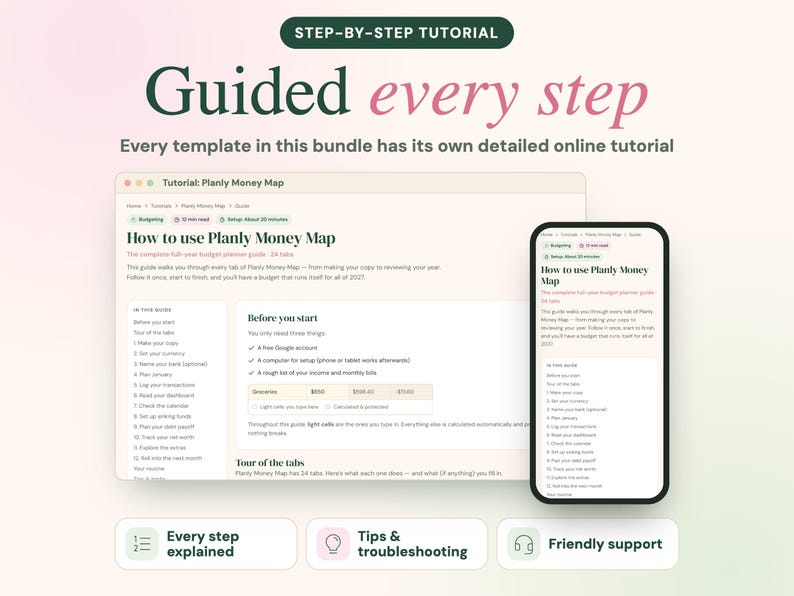 May include: A digital tutorial guide for the Planly Money Map displayed on a laptop screen and a smartphone. The text reads Step-by-Step Tutorial, Guided every step, and Every template in this bundle has its own detailed online tutorial.
