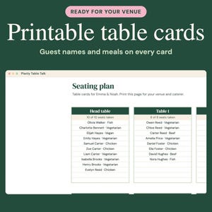 May include: A digital display of printable table cards featuring the text Ready for your venue, Printable table cards, Guest names and meals on every card, and Seating plan for Emma & Noah, organized into columns for Head table and Table 1.