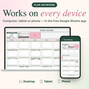 May include: A digital smart calendar planner displayed on a laptop screen and a smartphone screen. The interface features a monthly grid layout with pink and green accents, labelled Smart Calendar, and text including Plan Anywhere and Works on every device.