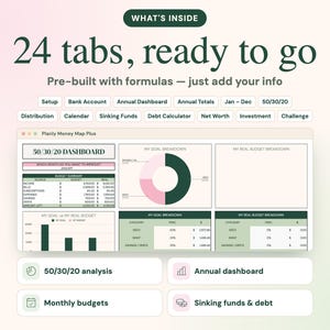 May include: A digital budget spreadsheet titled Planly Money Map Plus featuring a 50/30/20 dashboard, pie charts, and tables. Text includes 24 tabs, ready to go, Pre-built with formulas, and labels for setup, bank account, and debt calculator.
