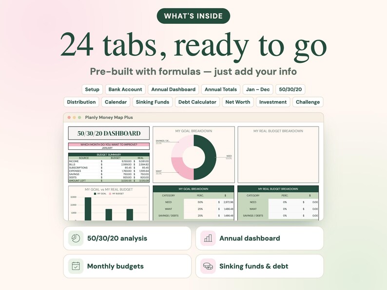 May include: A digital budget spreadsheet titled Planly Money Map Plus featuring a 50/30/20 dashboard, pie charts, and tables. Text includes 24 tabs, ready to go, Pre-built with formulas, and labels for setup, bank account, and debt calculator.