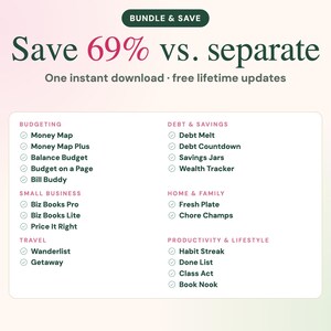 Może przedstawiać: Cyfrowa lista pakiet&oacute;w z kategoriami takimi jak Budgeting, Debt & Savings, Small Business, Home & Family, Travel oraz Productivity & Lifestyle. Tekst brzmi: Save 69% vs. separate, One instant download, free lifetime updates.