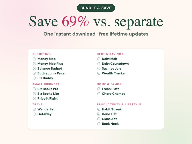Może przedstawiać: Cyfrowa lista pakiet&oacute;w z kategoriami takimi jak Budgeting, Debt & Savings, Small Business, Home & Family, Travel oraz Productivity & Lifestyle. Tekst brzmi: Save 69% vs. separate, One instant download, free lifetime updates.