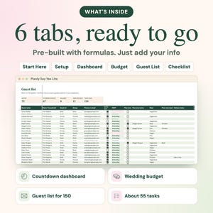 Puede incluir: Una plantilla de hoja de c&aacute;lculo digital titulada Planly Say Yes Lite con seis pesta&ntilde;as etiquetadas como Start Here, Setup, Dashboard, Budget, Guest List y Checklist. La interfaz muestra una tabla de lista de invitados con columnas para nombres y estado de RSVP.
