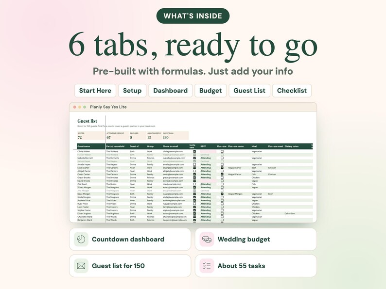 Puede incluir: Una plantilla de hoja de c&aacute;lculo digital titulada Planly Say Yes Lite con seis pesta&ntilde;as etiquetadas como Start Here, Setup, Dashboard, Budget, Guest List y Checklist. La interfaz muestra una tabla de lista de invitados con columnas para nombres y estado de RSVP.