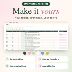 May include: A digital table management template titled Planly Table Talk featuring a guest list spreadsheet with columns for tables, seats, and meal options. Below are six colored circles and four buttons labeled Rename tables, Change the colors, Your meal options, and Any table size.