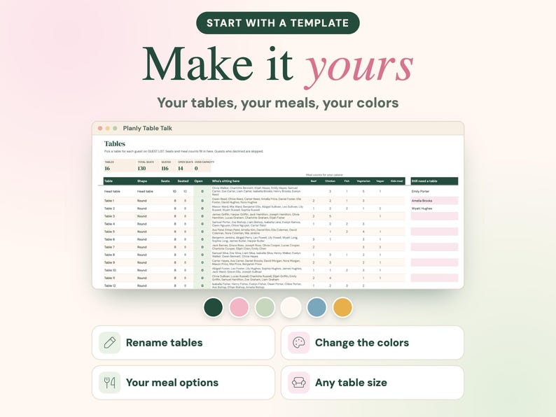 May include: A digital table management template titled Planly Table Talk featuring a guest list spreadsheet with columns for tables, seats, and meal options. Below are six colored circles and four buttons labeled Rename tables, Change the colors, Your meal options, and Any table size.