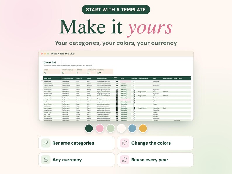 Puede incluir: Una plantilla de hoja de c&aacute;lculo para lista de invitados titulada Planly Say Yes Lite. La interfaz muestra columnas para nombres, tama&ntilde;o del grupo, contacto y comidas. Debajo hay seis muestras de color circulares y cuatro botones etiquetados como Rename categories, Change the colors, Any currency y Reuse every year.