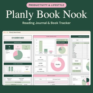 May include: A digital dashboard titled Planly Book Nook Reading Journal & Book Tracker featuring various charts, graphs, and tables in shades of green, pink, and white. The interface displays book statistics, reading progress, and search fields.