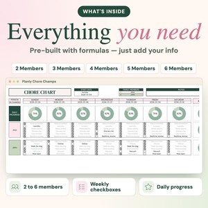 May include: A digital chore chart template titled Planly Chore Champs featuring a weekly grid with daily progress percentages, checkboxes for tasks, and sections for family members, dates, and notes, designed for two to six household members.