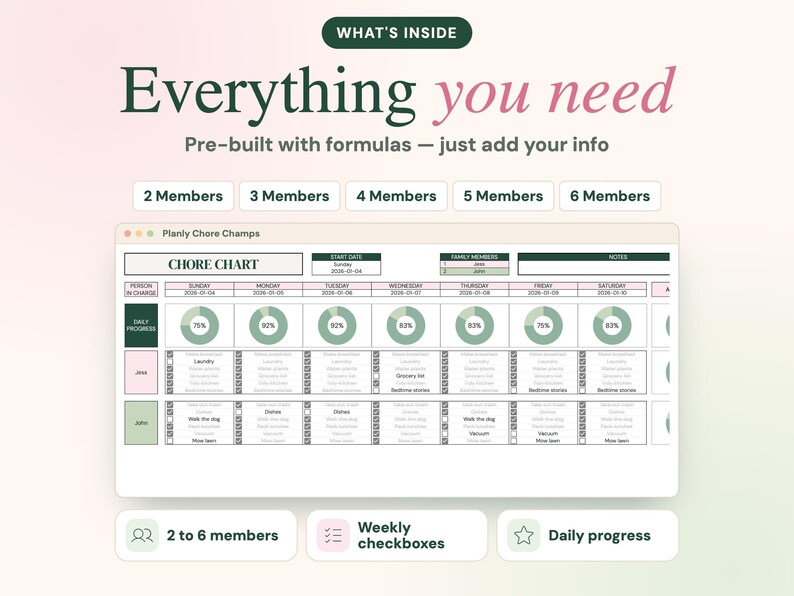 May include: A digital chore chart template titled Planly Chore Champs featuring a weekly grid with daily progress percentages, checkboxes for tasks, and sections for family members, dates, and notes, designed for two to six household members.