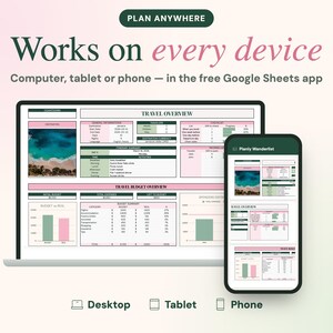 May include: A digital travel planner template displayed on a laptop and smartphone screen. The interface features dark green and light pink colour blocks, including sections for travel overview, budget, and checklists, with the text Plan Anywhere.