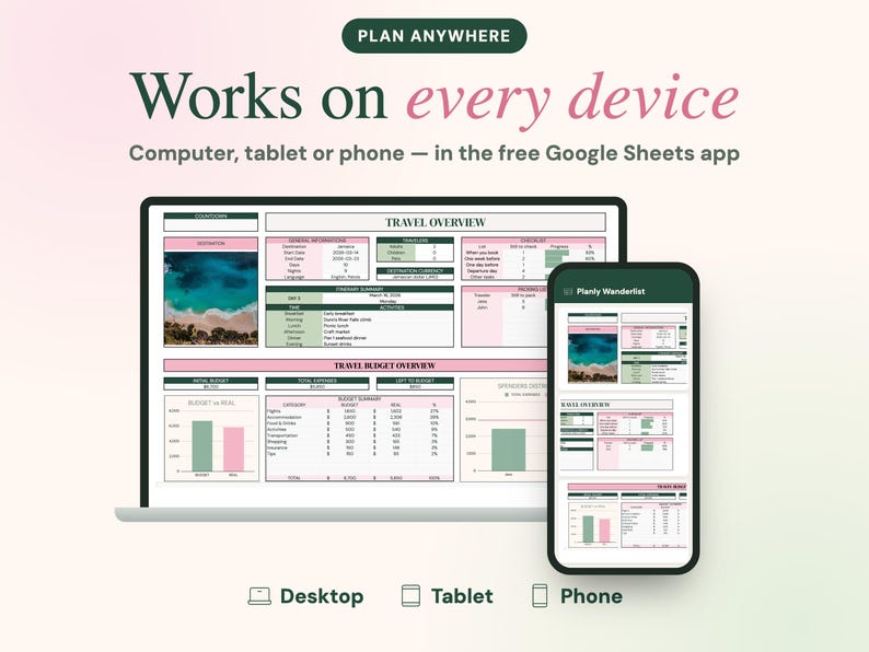 May include: A digital travel planner template displayed on a laptop and smartphone screen. The interface features dark green and light pink colour blocks, including sections for travel overview, budget, and checklists, with the text Plan Anywhere.