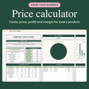 May include: A digital spreadsheet interface titled Price Calculator with sections for product name, raw material costs, labor costs, and a price breakdown chart. The layout features a dark green background with white text and data fields.