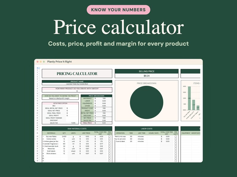May include: A digital spreadsheet interface titled Price Calculator with sections for product name, raw material costs, labor costs, and a price breakdown chart. The layout features a dark green background with white text and data fields.