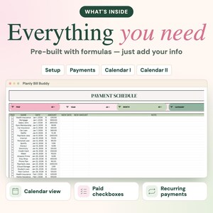 May include: A digital spreadsheet interface titled Planly Bill Buddy featuring a payment schedule table with columns for paid status, name, date, and amount. The layout includes buttons for setup, payments, and calendars with a soft colour palette.