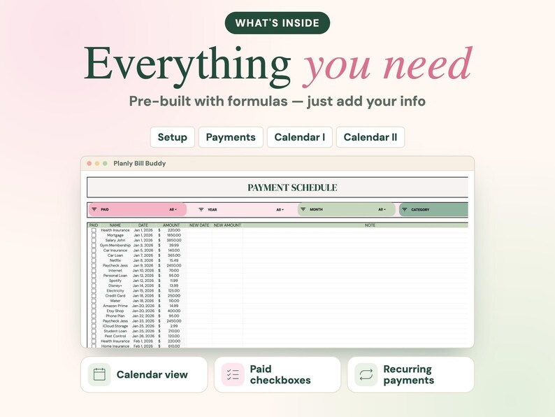 May include: A digital spreadsheet interface titled Planly Bill Buddy featuring a payment schedule table with columns for paid status, name, date, and amount. The layout includes buttons for setup, payments, and calendars with a soft colour palette.