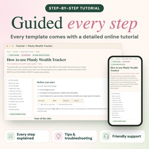 Puede incluir: Una interfaz de tutorial digital para el Planly Wealth Tracker mostrada en la pantalla de una computadora port&aacute;til y un tel&eacute;fono inteligente. El texto dice Step-by-Step Tutorial, Guided every step y How to use Planly Wealth Tracker.