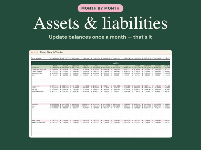 Puede incluir: Una hoja de c&aacute;lculo digital titulada Planly Wealth Tracker que muestra activos y pasivos mensuales. La interfaz presenta filas para efectivo, inversiones y propiedades con columnas de datos. El encabezado dice Month by Month Assets & liabilities Update balances once a month &mdash; that's it.