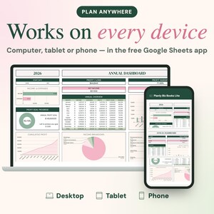 May include: A digital annual dashboard spreadsheet displayed on a laptop and smartphone screen. The interface features text including PLAN ANYWHERE, Works on every device, and Planly Biz Books Lite, with charts, tables, and financial data.
