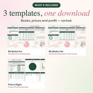 K&ouml;nnte beinhalten: Drei digitale Tabellenvorlagen f&uuml;r Buchhaltung und Preisgestaltung. Der Text lautet: WHAT'S INCLUDED 3 templates, one download Books, prices and profit &mdash; sorted. Biz Books Pro, Biz Books Lite und Price It Right sind abgebildet.