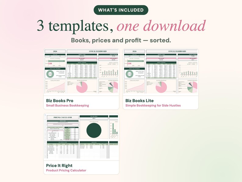K&ouml;nnte beinhalten: Drei digitale Tabellenvorlagen f&uuml;r Buchhaltung und Preisgestaltung. Der Text lautet: WHAT'S INCLUDED 3 templates, one download Books, prices and profit &mdash; sorted. Biz Books Pro, Biz Books Lite und Price It Right sind abgebildet.