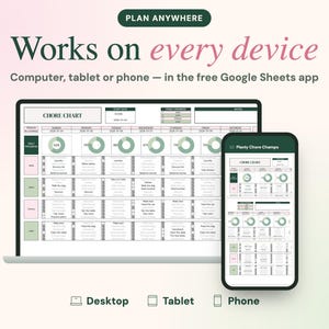 May include: A digital chore chart template displayed on a laptop screen and a smartphone. The interface features a weekly schedule, progress pie charts, and task lists. Text includes PLAN ANYWHERE, Works on every device, and CHORE CHART.