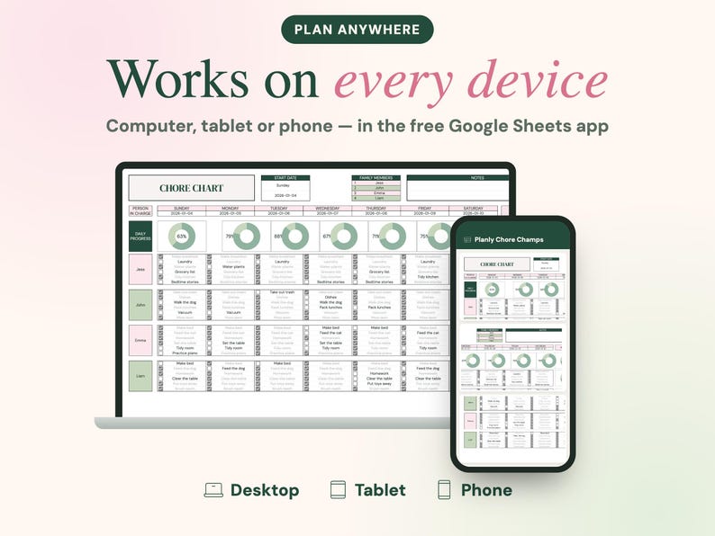 May include: A digital chore chart template displayed on a laptop screen and a smartphone. The interface features a weekly schedule, progress pie charts, and task lists. Text includes PLAN ANYWHERE, Works on every device, and CHORE CHART.