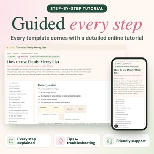 Puede incluir: Una interfaz de tutorial digital para Planly Merry List mostrada en la pantalla de una computadora port&aacute;til y un tel&eacute;fono inteligente. El texto dice Step-by-Step Tutorial, Guided every step y How to use Planly Merry List, con listas y tablas.