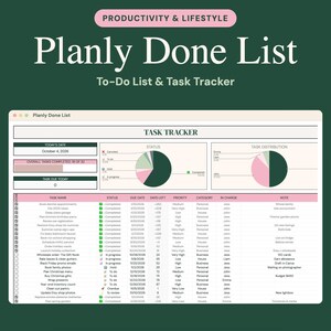 May include: A digital task tracker spreadsheet titled Planly Done List with a dark green background. The interface features a task list, status pie charts, and columns for task name, status, due date, priority, category, and notes.