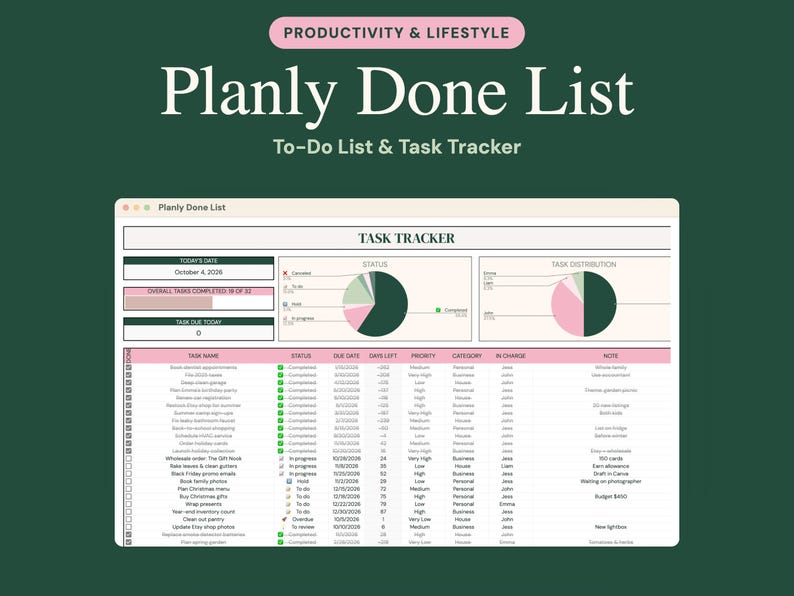 May include: A digital task tracker spreadsheet titled Planly Done List with a dark green background. The interface features a task list, status pie charts, and columns for task name, status, due date, priority, category, and notes.