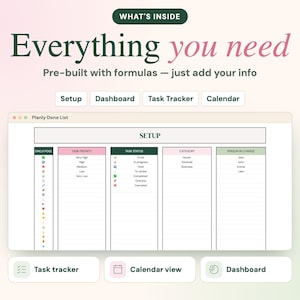 May include: A digital task management template titled Planly Done List featuring a setup screen with columns for emoji, task priority, task status, category, and person in charge. The interface includes buttons for setup, dashboard, task tracker, and calendar.