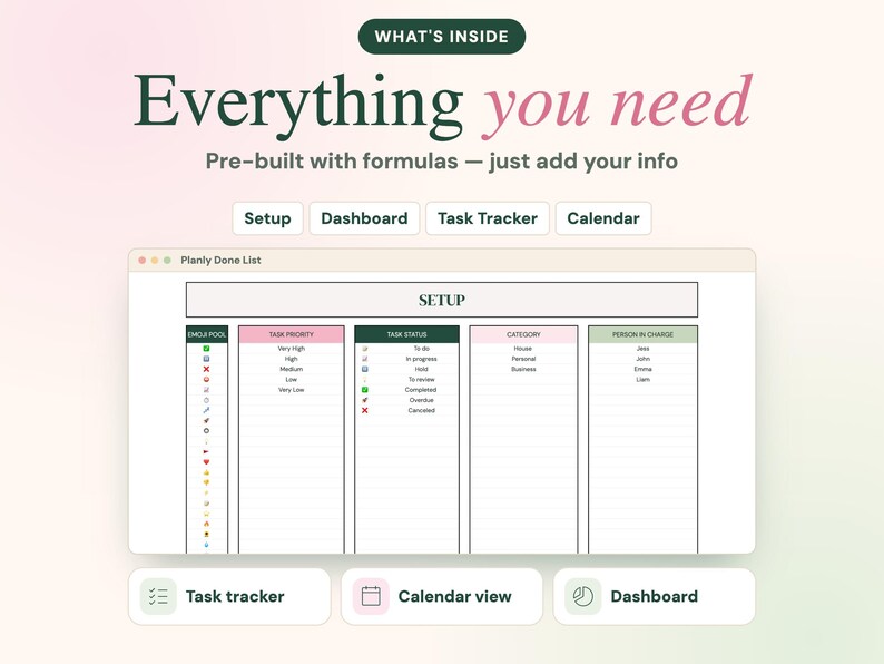 May include: A digital task management template titled Planly Done List featuring a setup screen with columns for emoji, task priority, task status, category, and person in charge. The interface includes buttons for setup, dashboard, task tracker, and calendar.