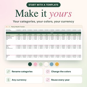 Puede incluir: Una plantilla de hoja de c&aacute;lculo de seguimiento de patrimonio titulada Planly Wealth Tracker con columnas para meses y filas para activos. El texto incluye Start with a template, Make it yours, Your categories, your colors, your currency, Rename categories, Change the colors, Any currency y Reuse every year.