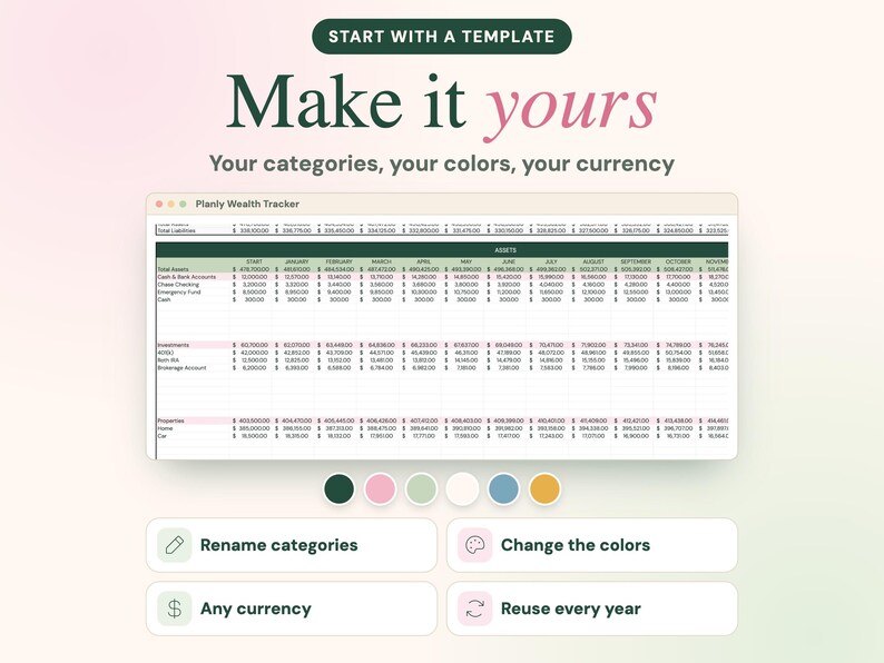 Puede incluir: Una plantilla de hoja de c&aacute;lculo de seguimiento de patrimonio titulada Planly Wealth Tracker con columnas para meses y filas para activos. El texto incluye Start with a template, Make it yours, Your categories, your colors, your currency, Rename categories, Change the colors, Any currency y Reuse every year.