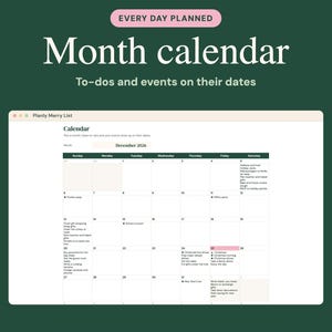 Puede incluir: Una interfaz de calendario mensual digital titulada Planly Merry List para diciembre de 2026. El dise&ntilde;o presenta una cuadr&iacute;cula para entradas diarias, con las etiquetas de texto Every Day Planned y Month calendar.