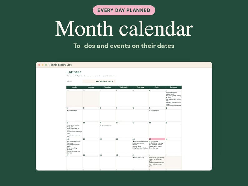 Puede incluir: Una interfaz de calendario mensual digital titulada Planly Merry List para diciembre de 2026. El dise&ntilde;o presenta una cuadr&iacute;cula para entradas diarias, con las etiquetas de texto Every Day Planned y Month calendar.