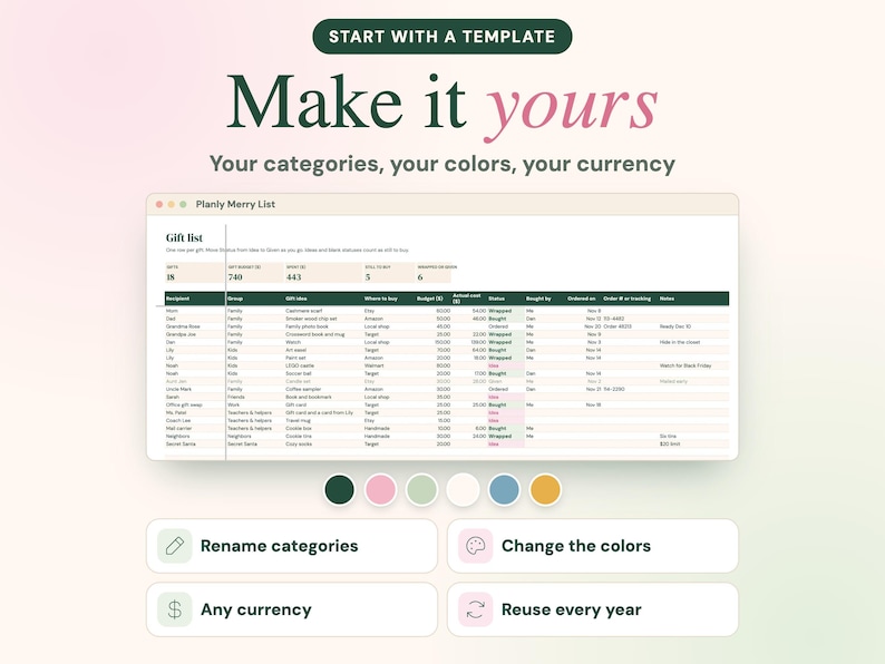 Puede incluir: Una plantilla digital de lista de regalos titulada Planly Merry List mostrada en una ventana del navegador. La hoja de c&aacute;lculo incluye columnas para destinatario, grupo, idea de regalo, presupuesto y estado. Debajo hay seis c&iacute;rculos de colores y cuatro botones etiquetados como Rename categories, Change the colors, Any currency y Reuse every year.