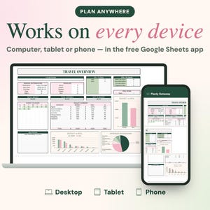 May include: A digital travel planner template displayed on a laptop screen and a smartphone, featuring the text PLAN ANYWHERE, Works on every device, Computer, tablet or phone &mdash; in the free Google Sheets app, and Planly Getaway.