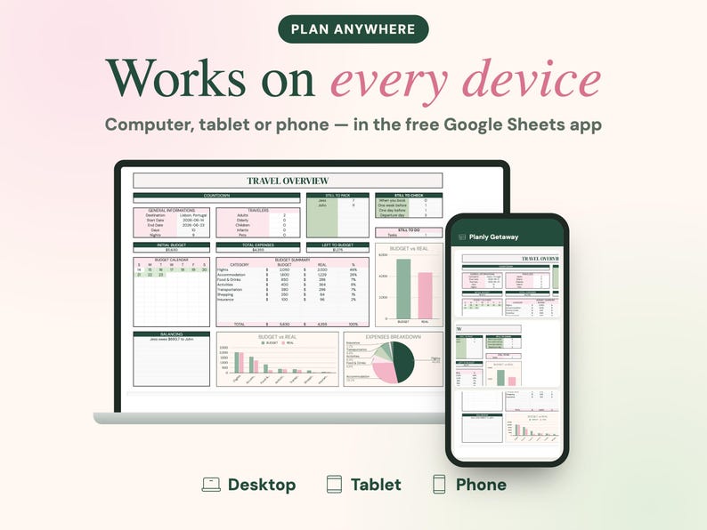 May include: A digital travel planner template displayed on a laptop screen and a smartphone, featuring the text PLAN ANYWHERE, Works on every device, Computer, tablet or phone &mdash; in the free Google Sheets app, and Planly Getaway.