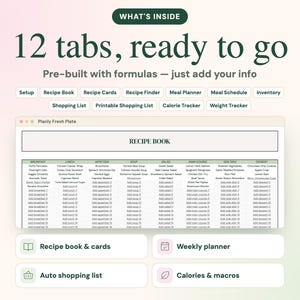 May include: A digital meal planning spreadsheet interface titled Planly Fresh Plate with 12 tabs including Recipe Book, Meal Planner, and Inventory. The display shows a grid of food categories and items with pre-built formulas for tracking.